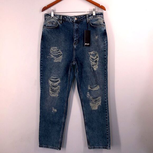 Nasty Gal High Waist Distressed Skinny Women’s Mom Jeans Size 10 Blue - Picture 2 of 7